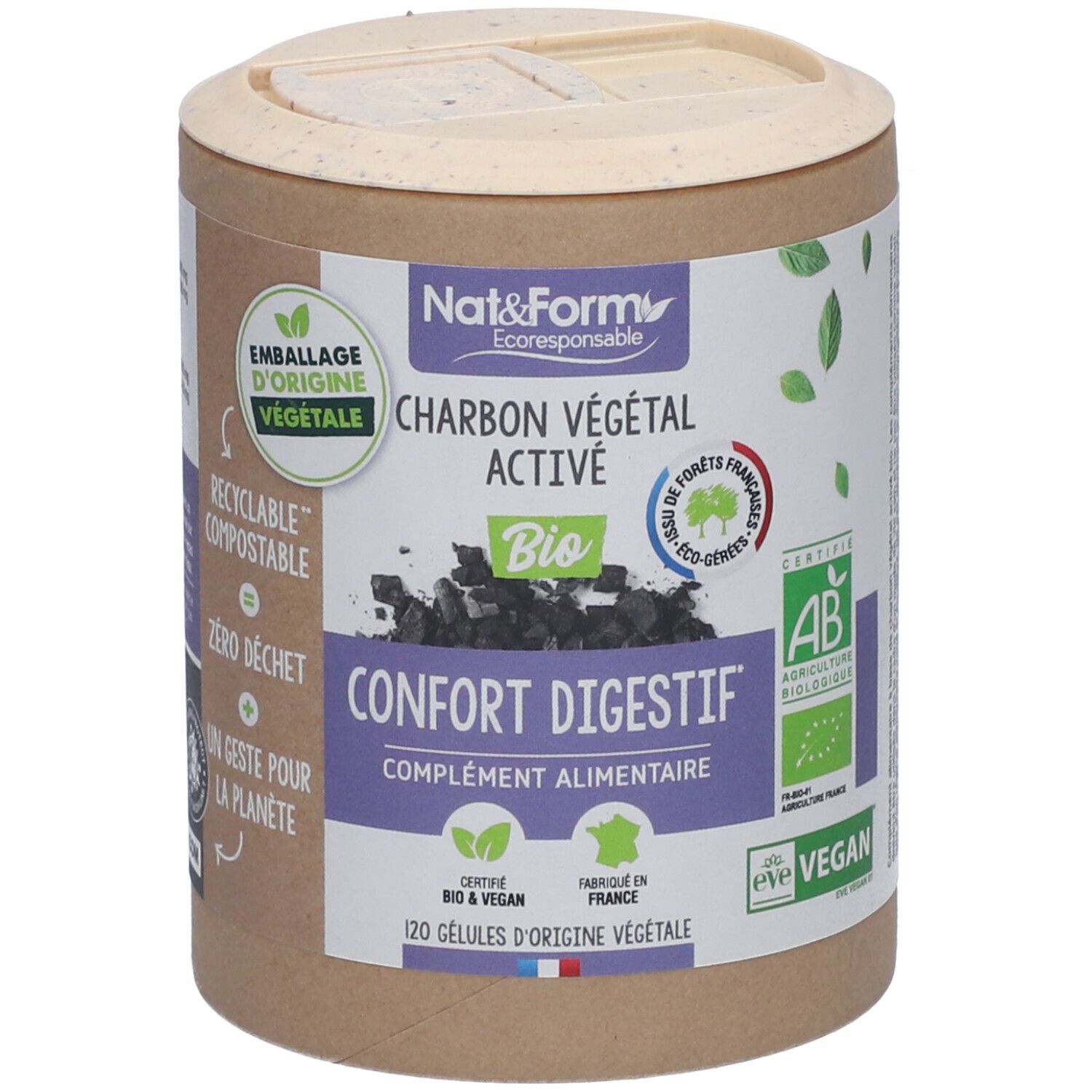 Zylindrische Dose mit Nat&Form Charbon végétal activé en gélules. Aufschrift: Charbon végétal activé, Bio, Confort digestif. Zertifizierungen.