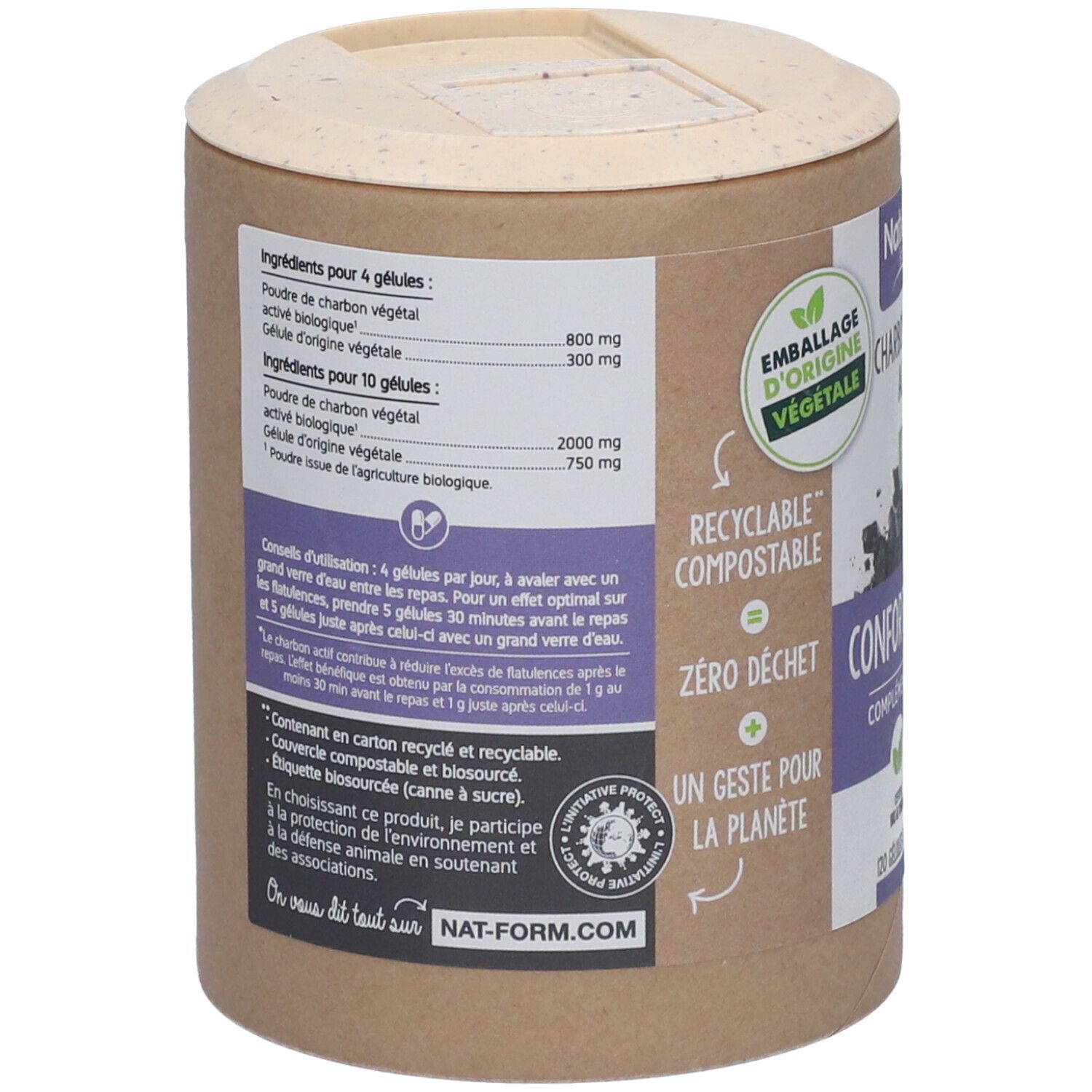 Rückseite der Dose mit Zutatenliste und Anwendungshinweisen. Text: Charbon végétal activé, Gélule d'origine végétale. Recycelbar, kompostierbar.