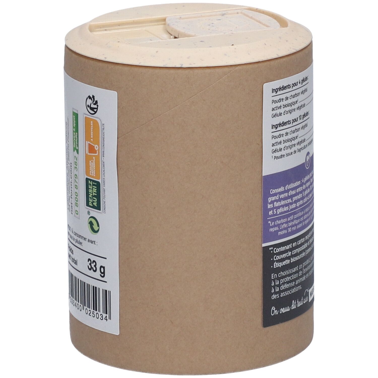 Zylindrische Dose mit Deckel. Aufschrift: Charbon végétal activé, 33 g. Barcode. Recycelbar, kompostierbar.