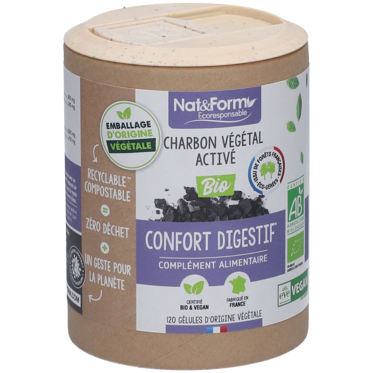 Zylindrische Dose mit Nat&Form Charbon végétal activé en gélules. Aufschrift: Charbon végétal activé, Bio, Confort digestif. Zertifizierungen.