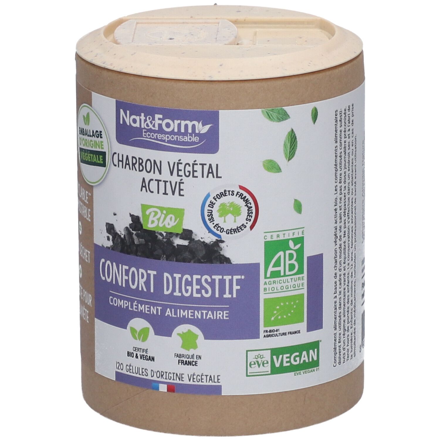 Zylindrische Dose mit Nat&Form Charbon végétal activé en gélules. Aufschrift: Charbon végétal activé, Bio, Confort digestif. Zertifizierungen.