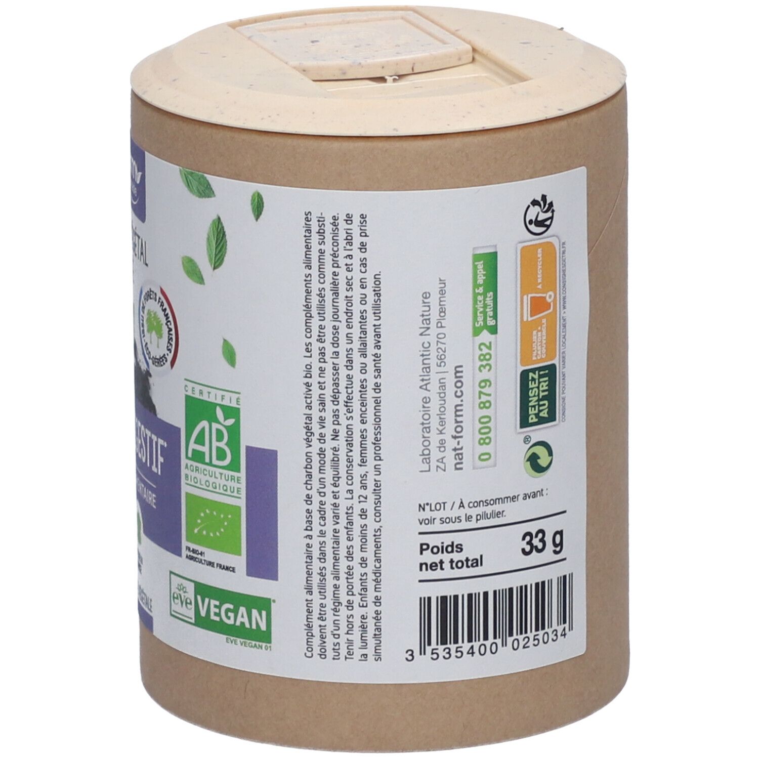 Rückseite der Dose mit Informationen. Aufschrift: Charbon végétal activé, 33 g. Barcode. Zertifizierungen.