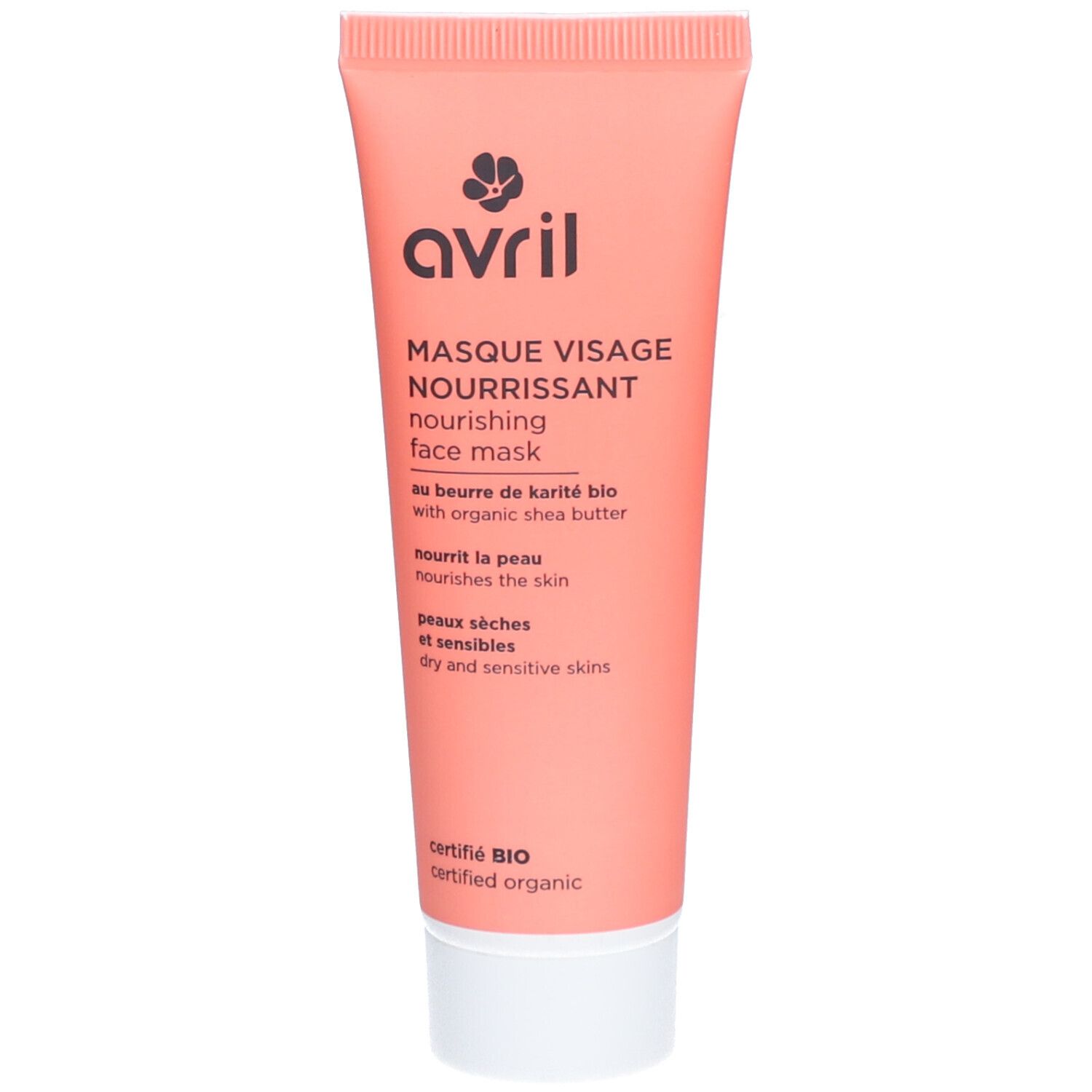 Tube rose avec bouchon blanc. Inscription: avril, Masque Visage Nourrissant, certifié BIO.