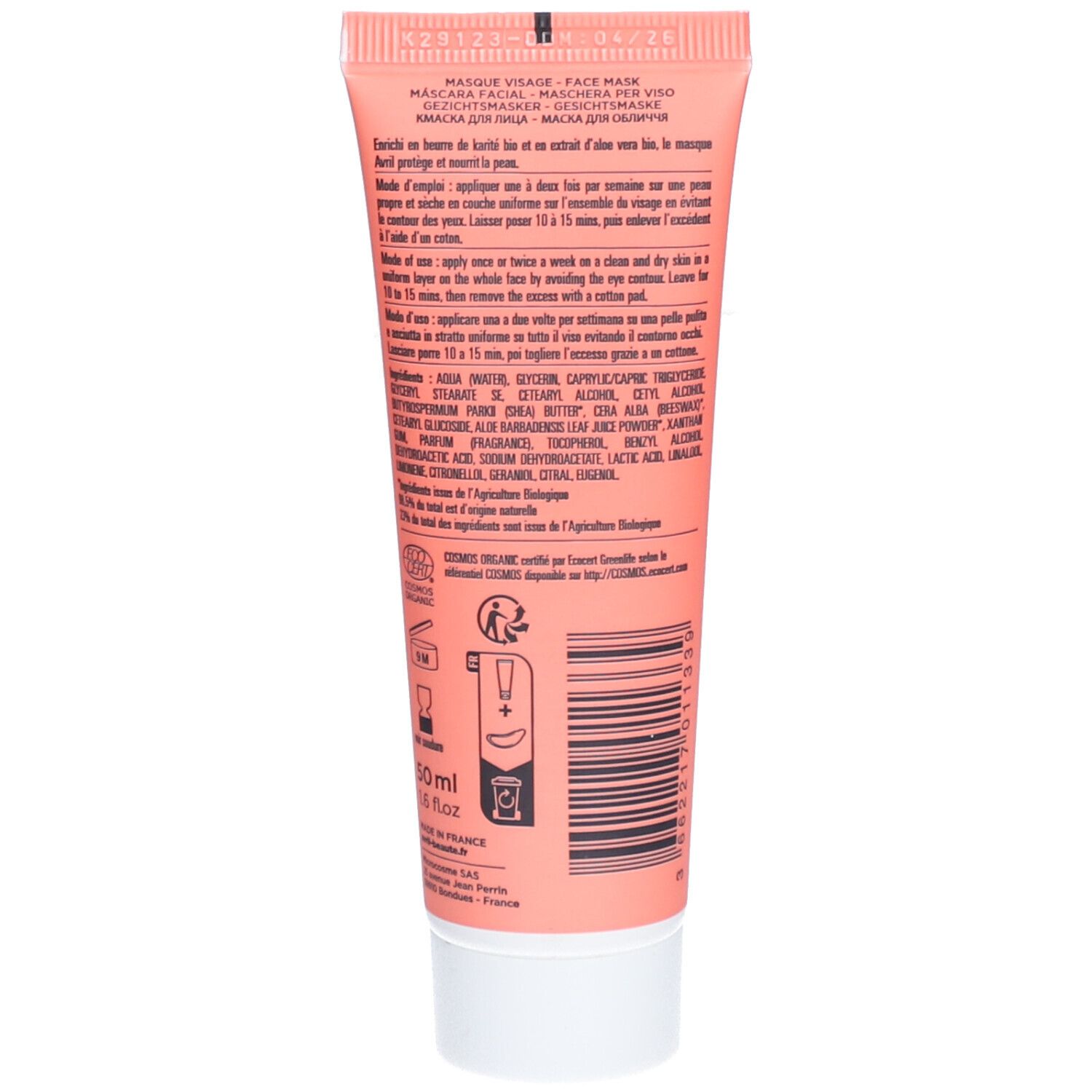 Dos du tube. Texte avec ingrédients et instructions d'utilisation. En bas: 50ml.