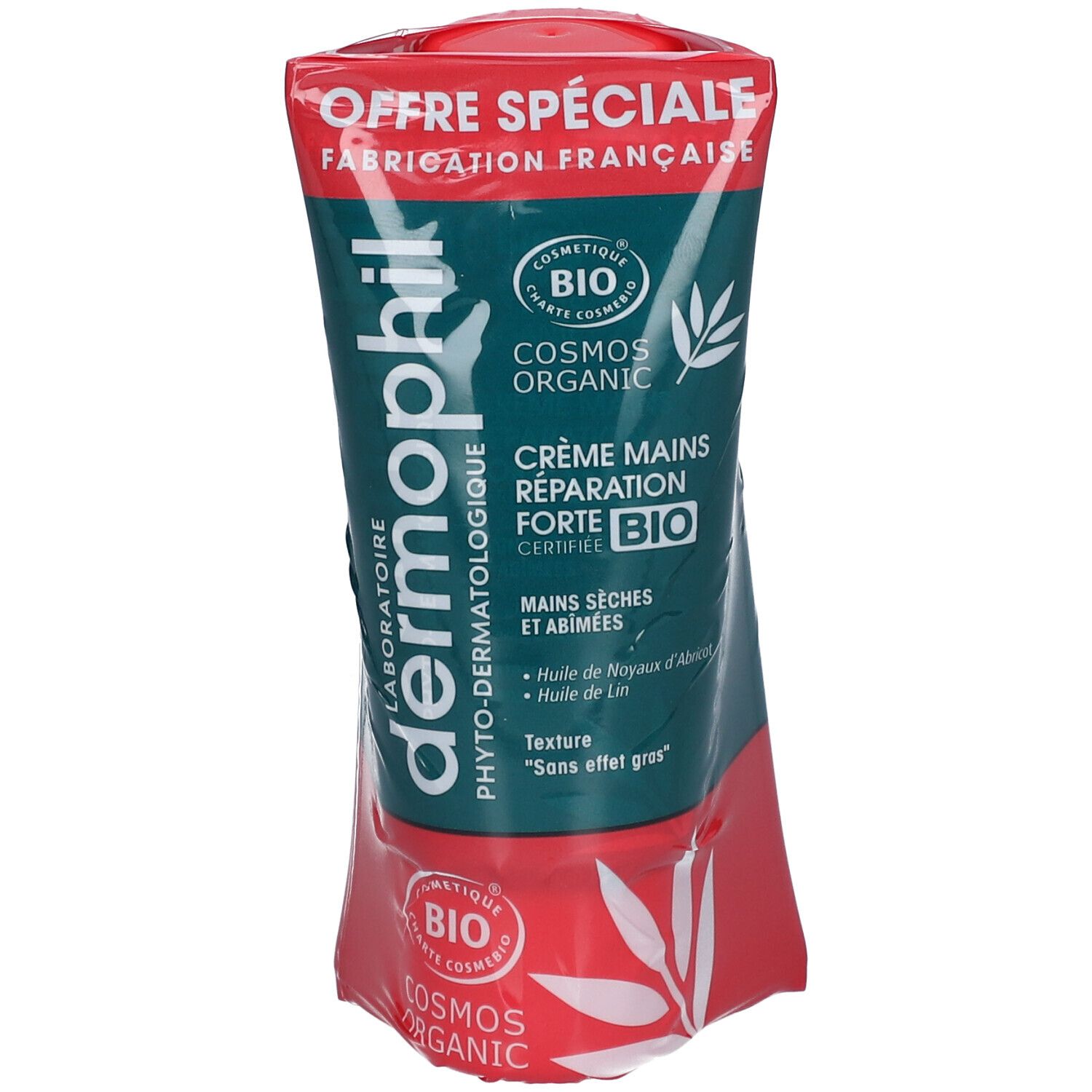 Verpackte Tube Crème Mains Reparation Forte Bio. Rotes und grünes Design. Logos und Text. Zertifizierungen: Cosmos Organic, Bio.