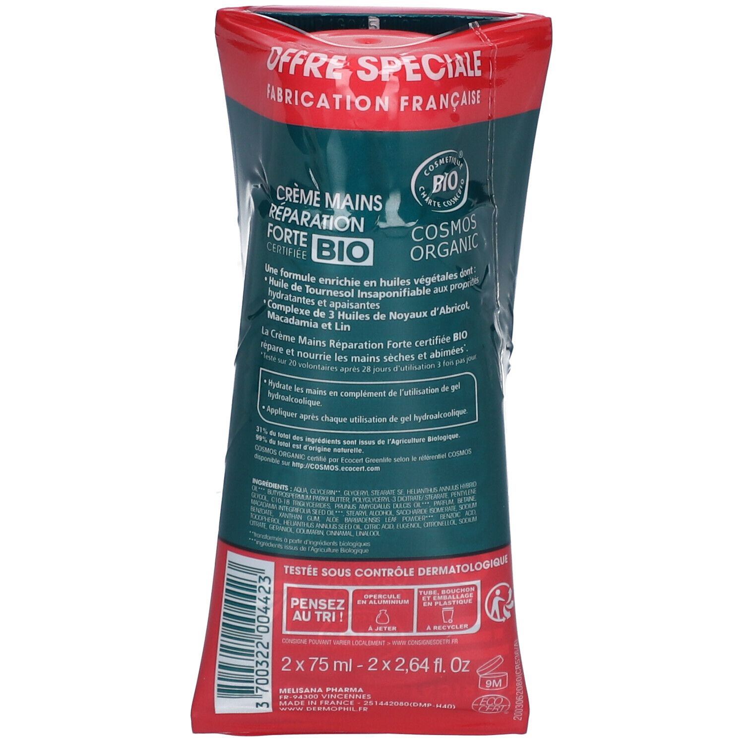 Rückseite der Tube Crème Mains Reparation Forte Bio. Text und Logos. Inhaltsstoffe und Zertifizierungen. 2x75ml.