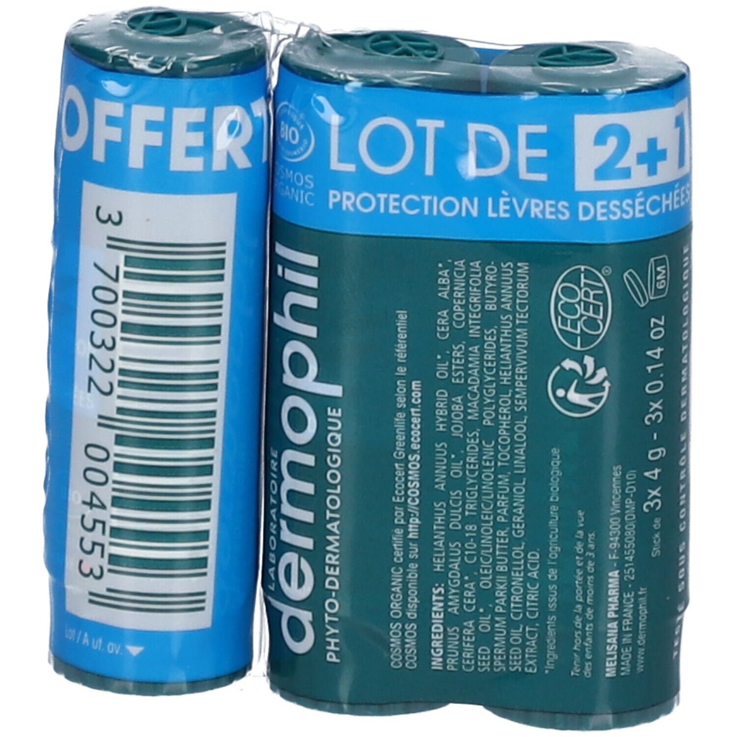Zwei Lippenpflegestifte in Folie verpackt. "dermophil"-Logo, "LOT DE 2+1" und Produktinformationen auf blauem Hintergrund.