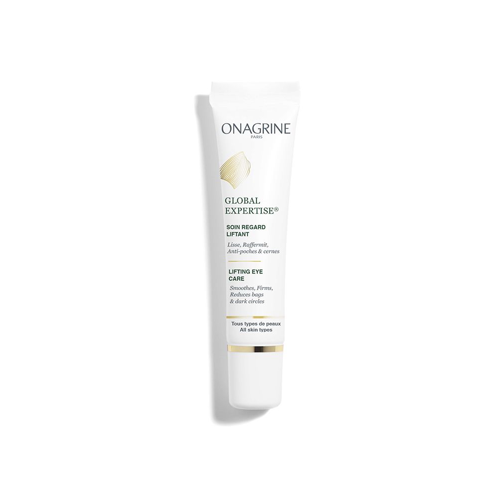 Onagrine Global Expertise Soin Regard Liftant. Tube mit Creme. Weiß, mit goldfarbenen Akzenten. Text: Lifting Eye Care.