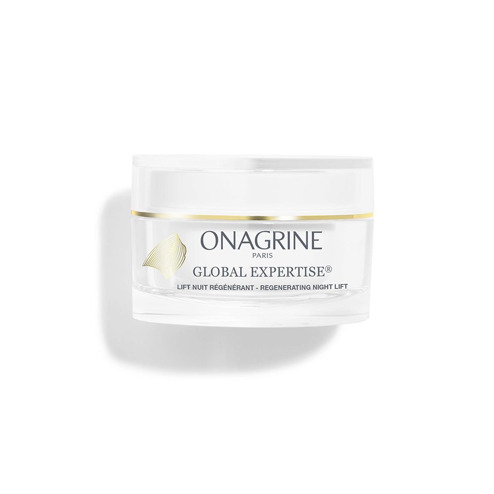 Pot de crème avec couvercle. Inscription : Onagrine, Global Expertise, Lift Nuit Régénérant. Bord doré.
