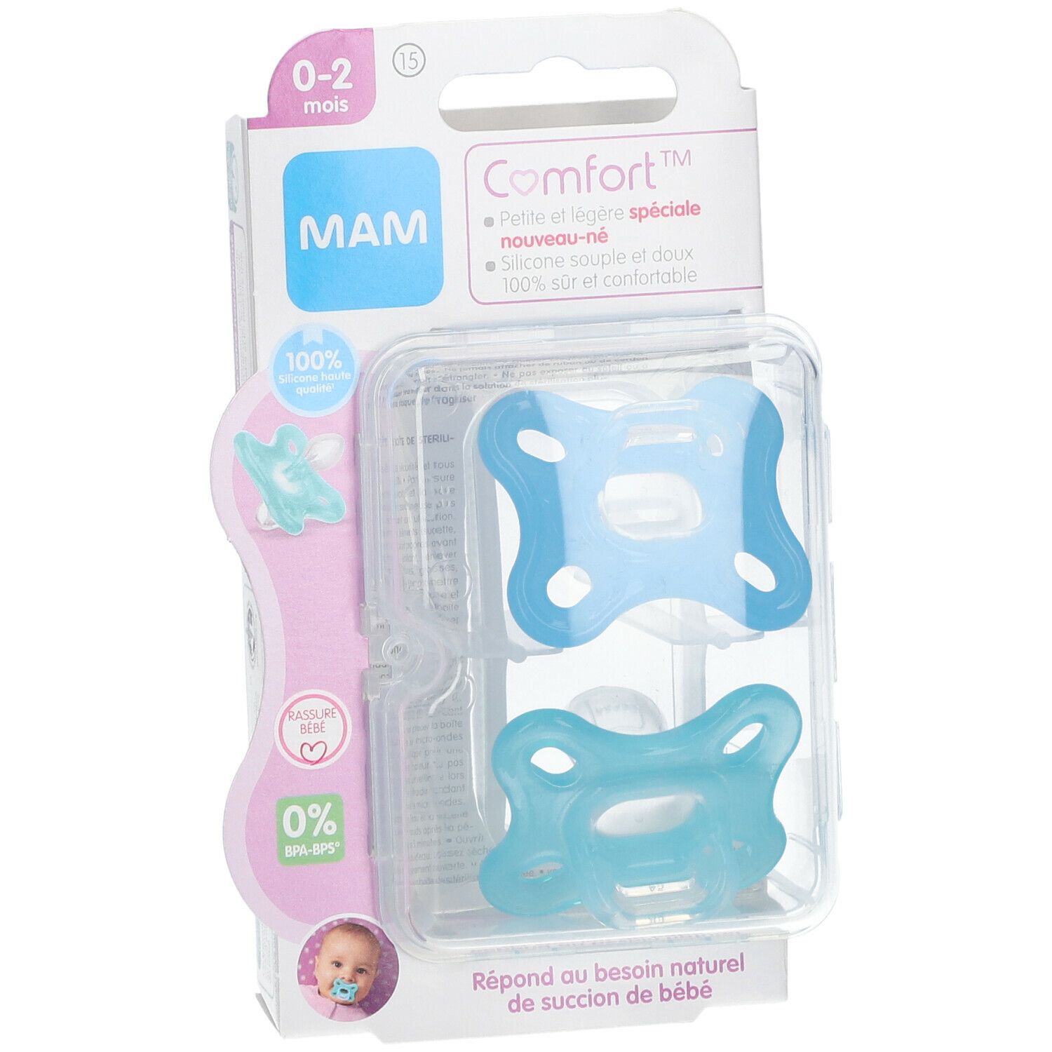 Deux sucettes bleues dans un emballage transparent. MAM Comfort, 0-2 mois, est écrit sur l'emballage.