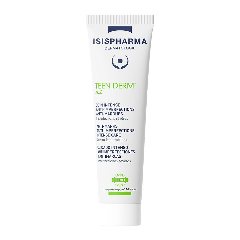 Tube blanc avec impression bleue et verte. Texte: ISISPHARMA, Teen Derm A.Z, Anti-imperfections. Logo Brevet.