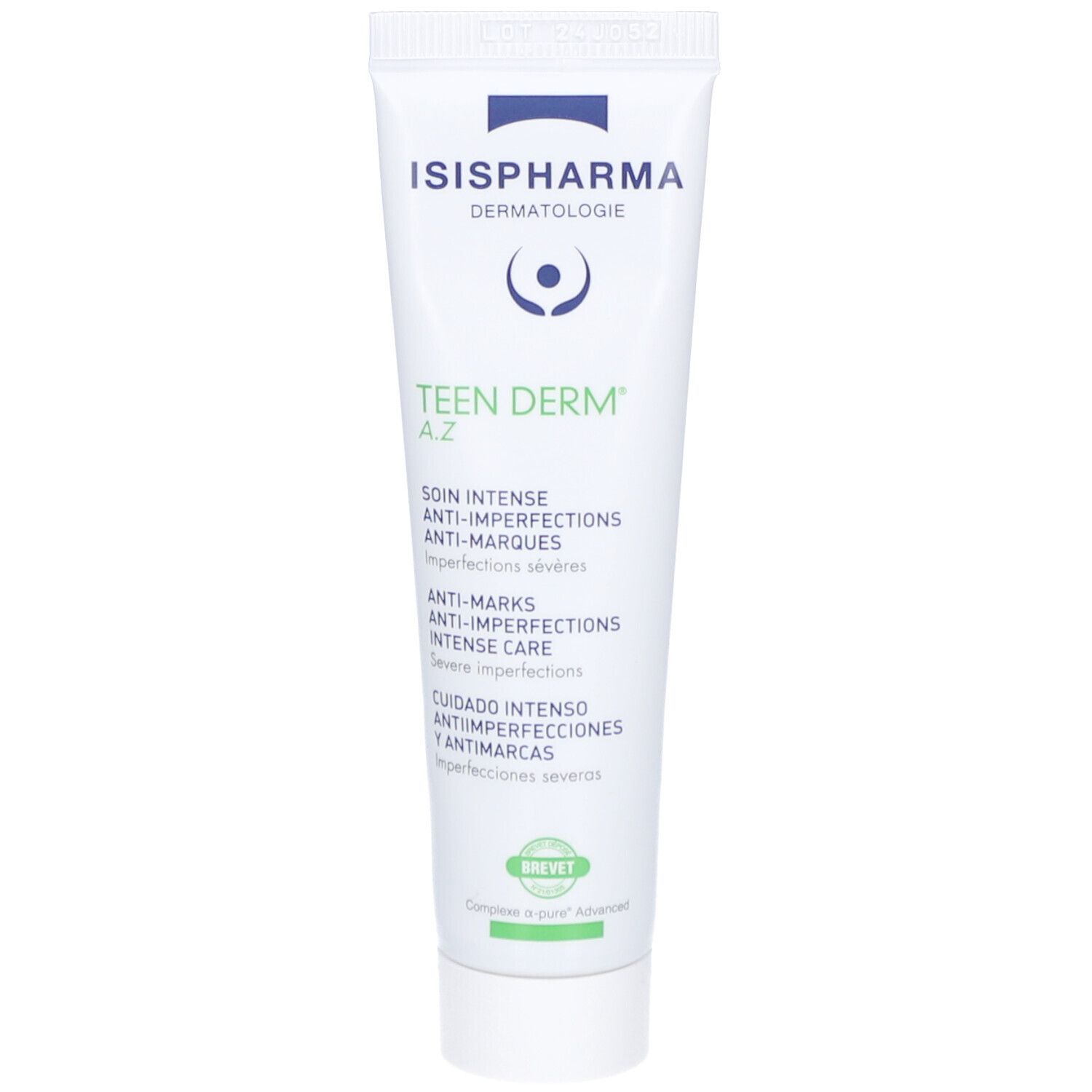 Tube blanc avec impression verte et bleue. Texte: ISISPHARMA, Teen Derm A.Z, Anti-imperfections. Logo Brevet.