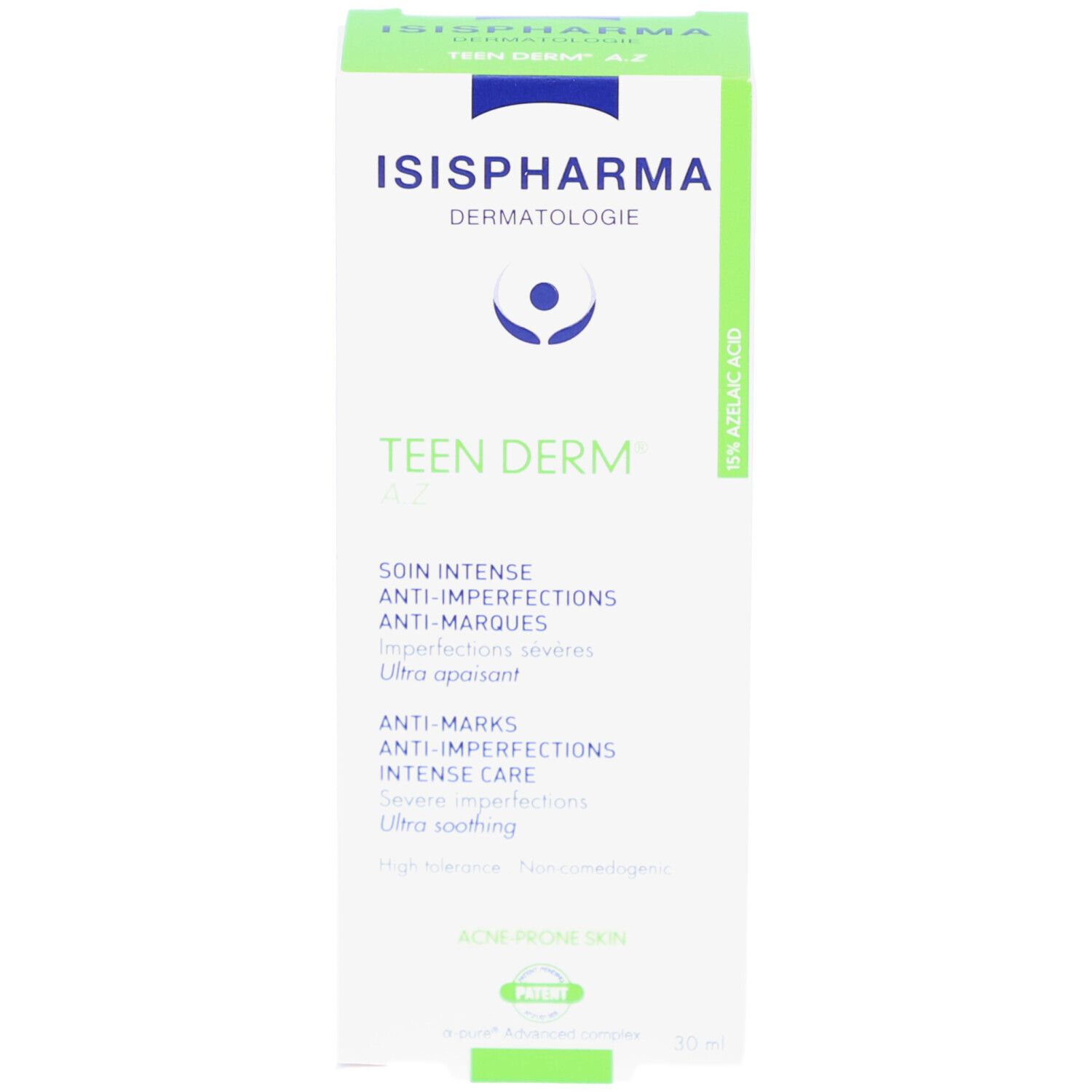 Emballage en carton design vert et blanc. Texte: ISISPHARMA, Teen Derm A.Z, Anti-imperfections, 30 ml. Brevet.