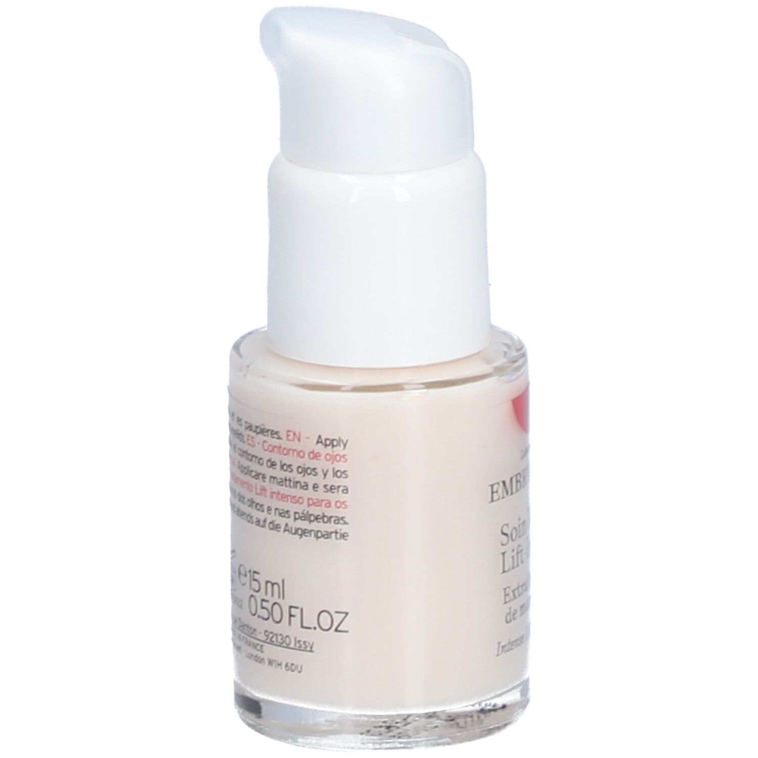 Embryolisse® Soin Regard Lift-Intense. Augencreme-Flakon mit weißem Spender. Aufschrift und Text.
