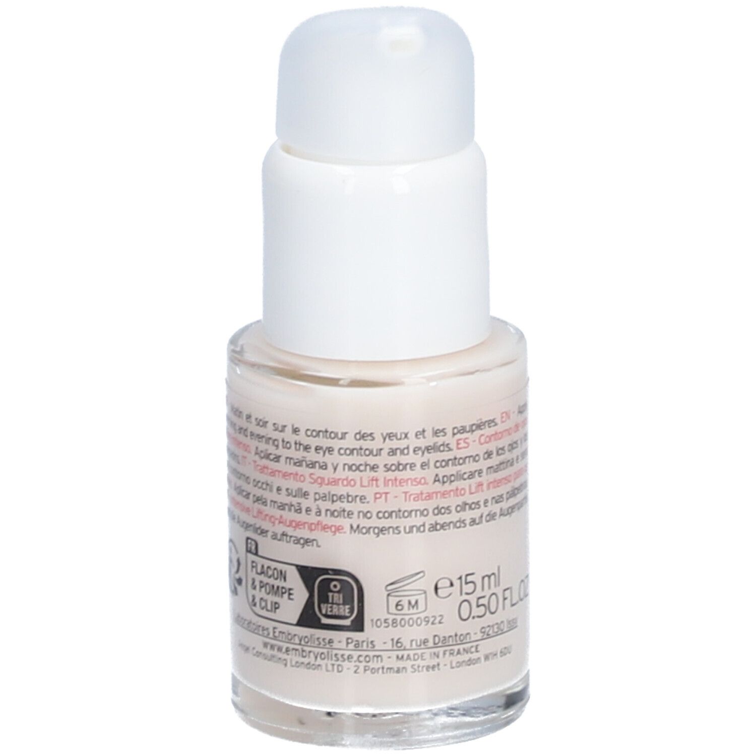 Embryolisse® Soin Regard Lift-Intense. Augencreme-Flakon mit weißem Spender. Text und Aufschriften.