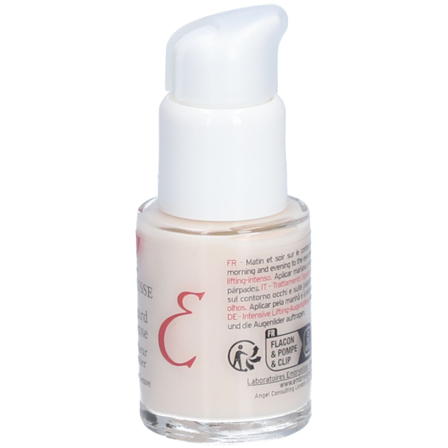 Embryolisse® Soin Regard Lift-Intense. Augencreme-Flakon mit weißem Spender. Text und Aufschriften.