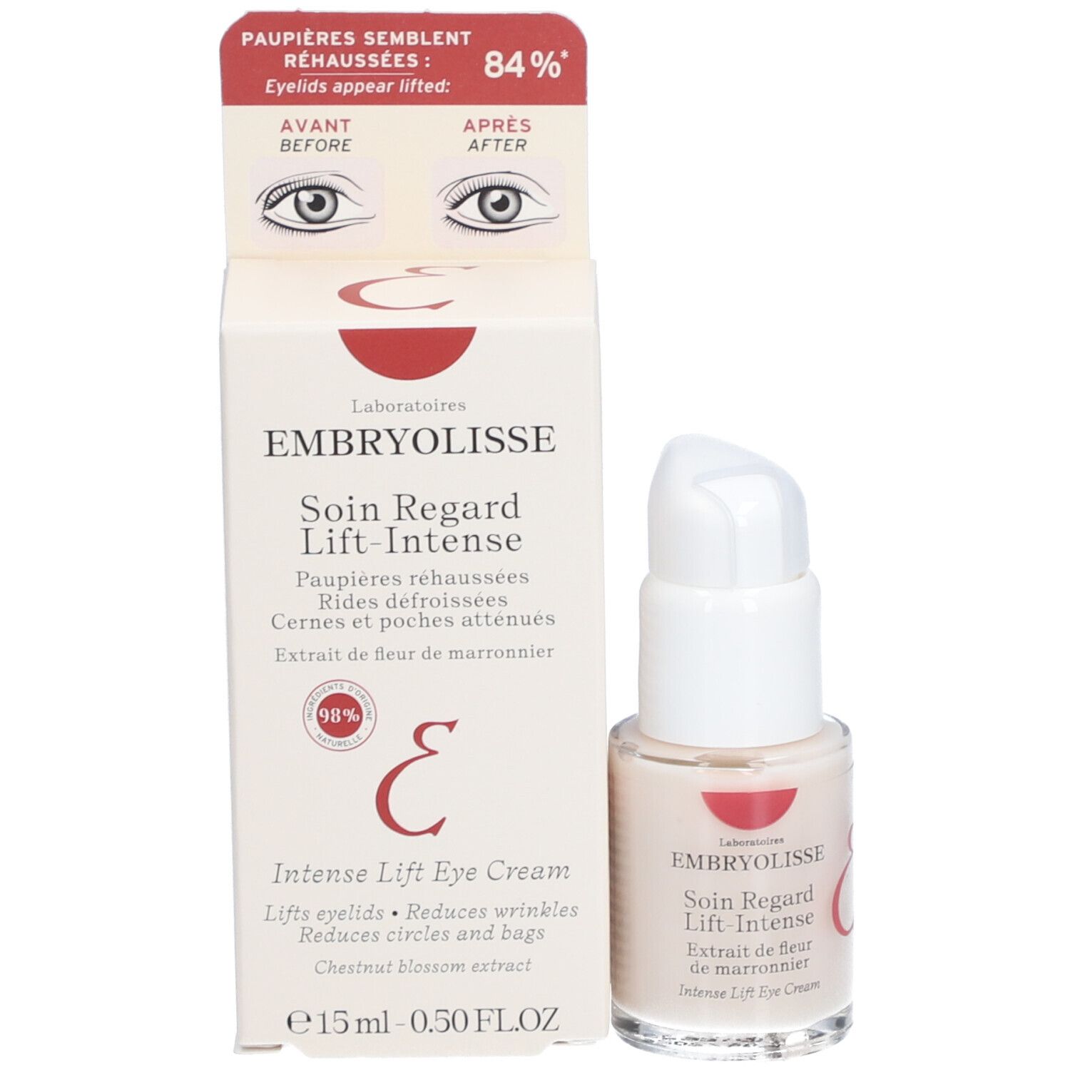 Embryolisse® Soin Regard Lift-Intense. Augencreme und Verpackung. Aufschrift: Intense Lift Eye Cream.