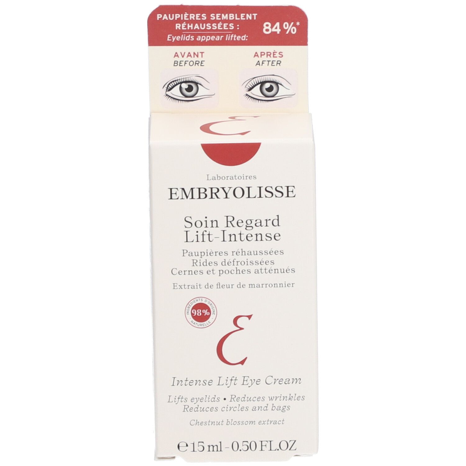 Embryolisse® Soin Regard Lift-Intense. Augencreme und Verpackung. Aufschrift: Intense Lift Eye Cream.