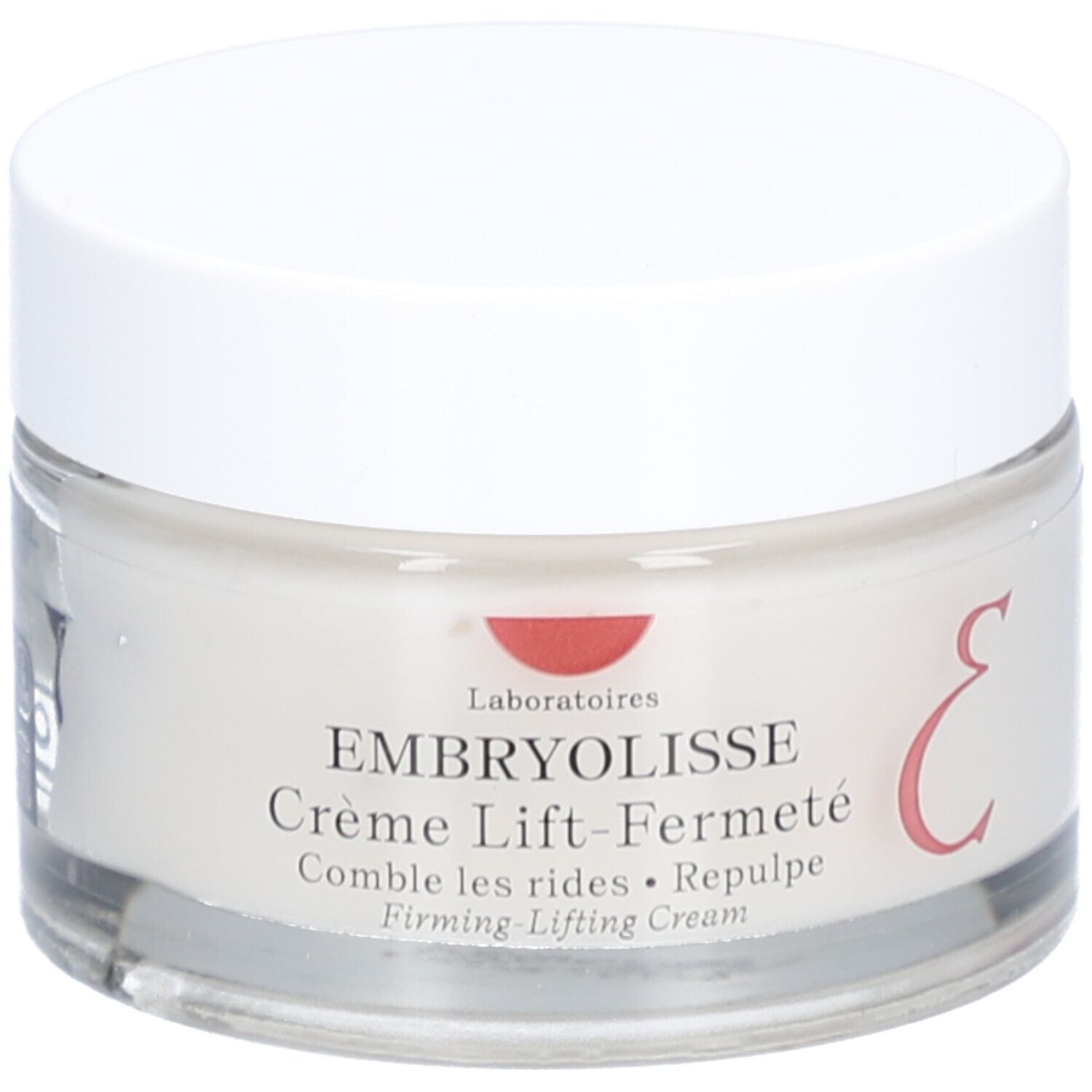 Pot de crème avec couvercle blanc. Inscription: EMBRYOLISSE Crème Lift-Fermeté. Cercle rouge avec logo. Pot en verre.