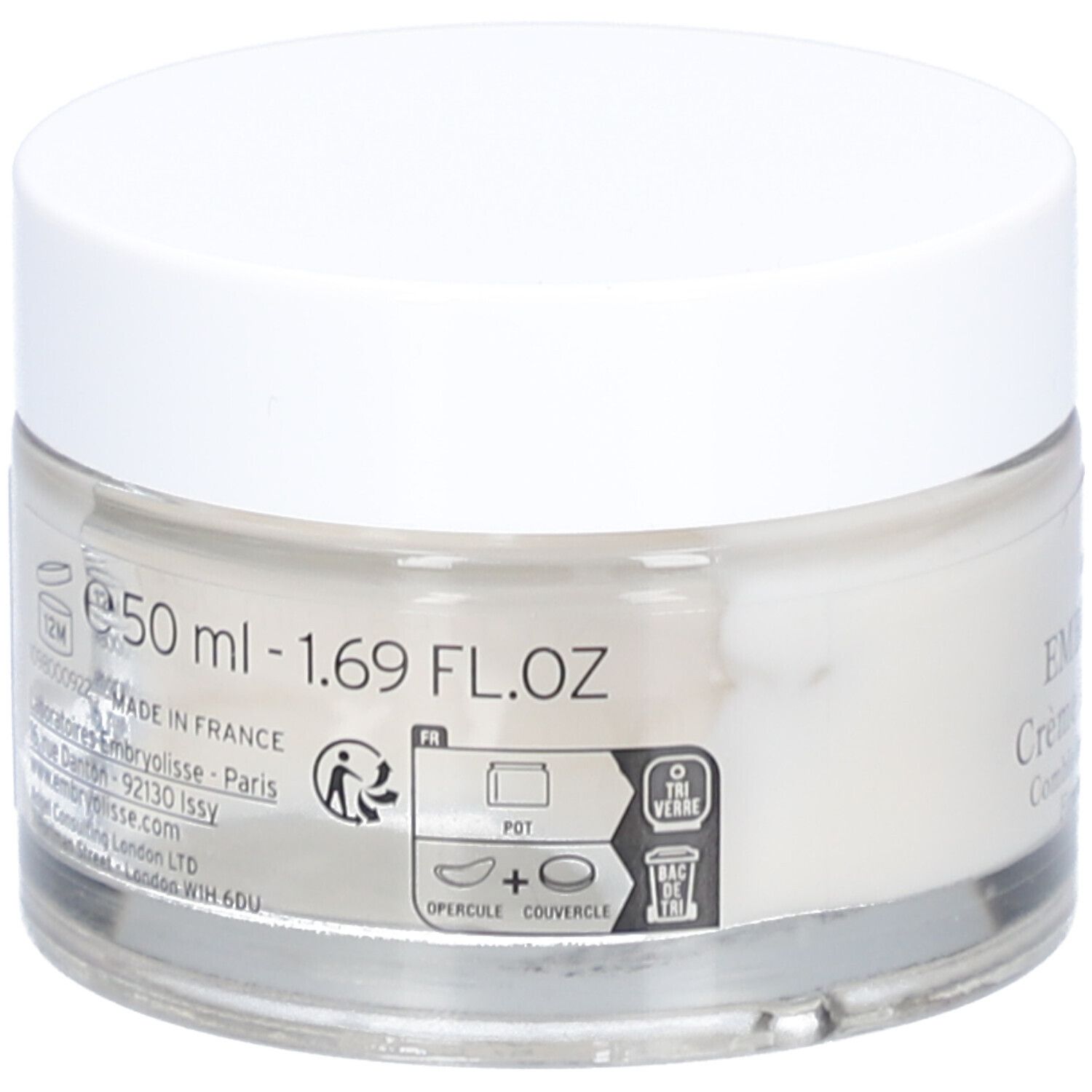 Pot de crème avec couvercle blanc. Inscription: 50 ml - 1.69 FL.OZ. Symboles de recyclage. Fabriqué en France.