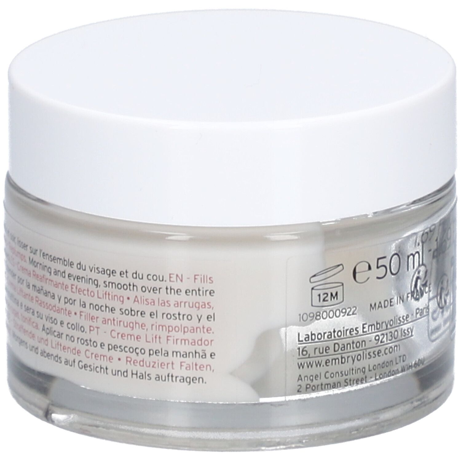 Pot de crème avec couvercle blanc. Inscription: 50 ml. Texte multilingue. Informations fabricant.