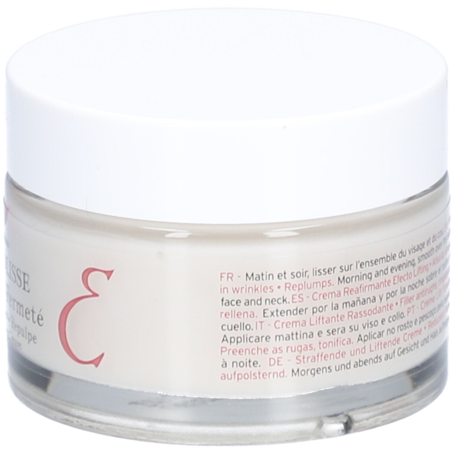 Pot de crème avec couvercle blanc. Inscription: EMBRYOLISSE Crème Lift-Fermeté. Texte multilingue.