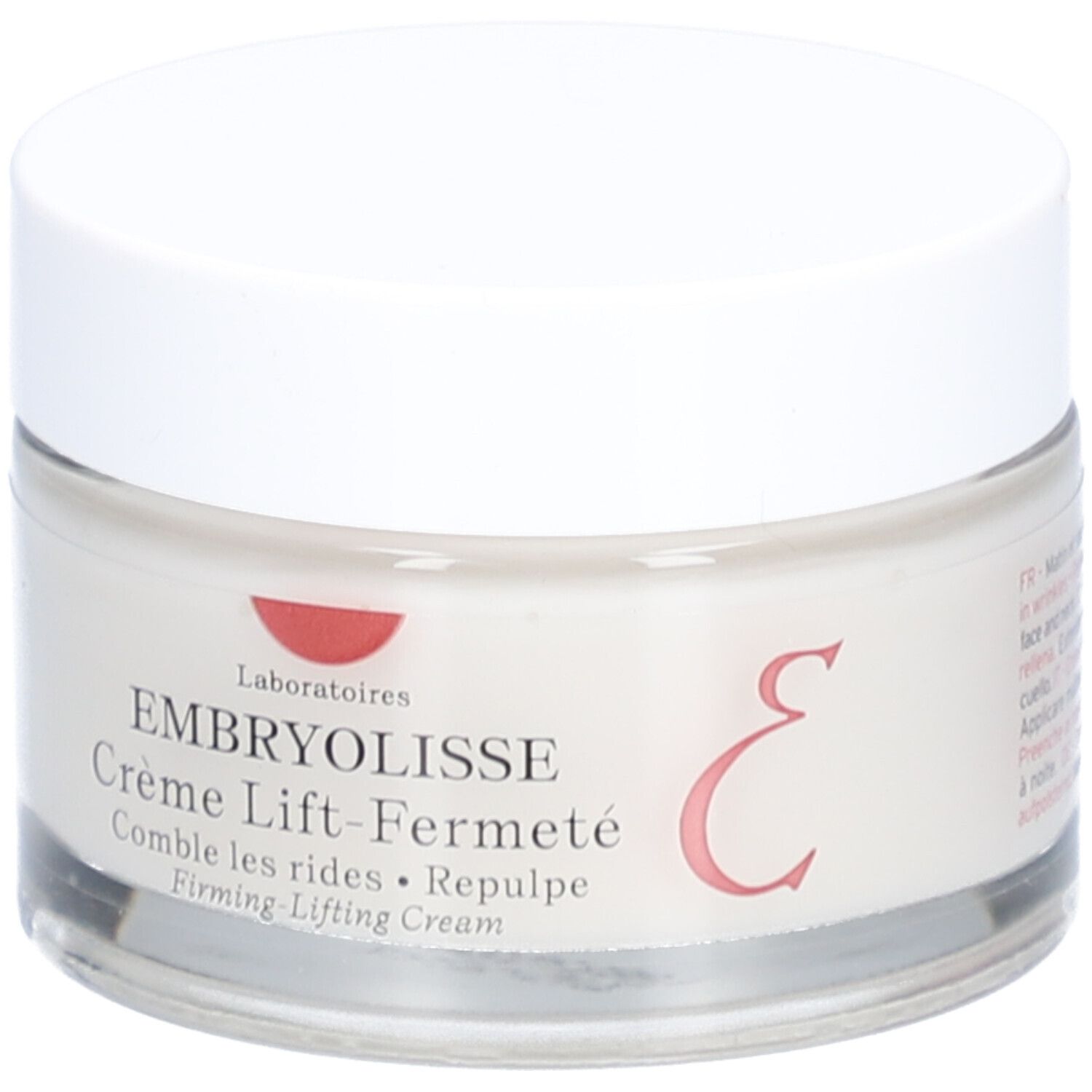 Pot de crème avec couvercle blanc. Inscription: EMBRYOLISSE Crème Lift-Fermeté. Cercle rouge avec logo. Pot en verre.