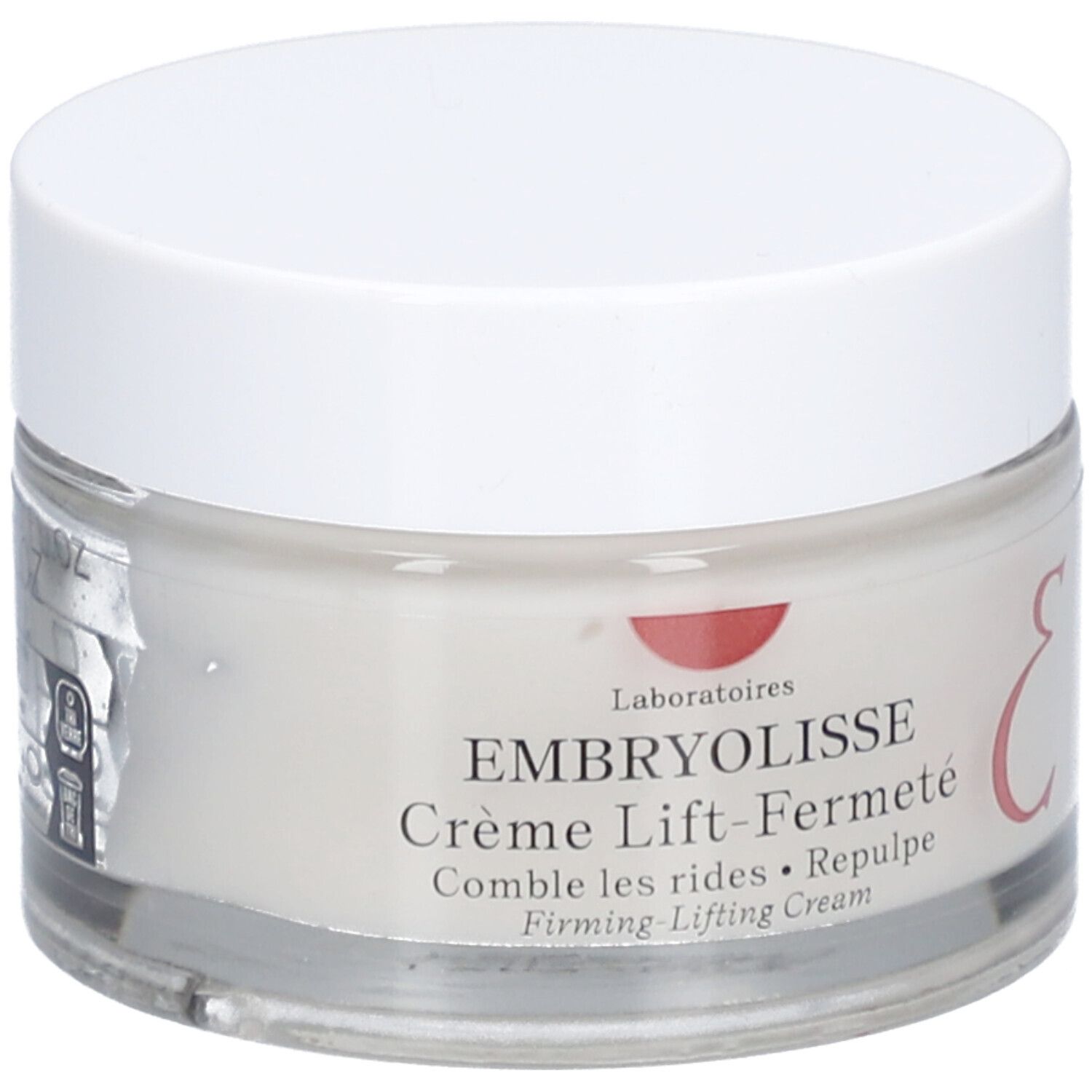 Pot de crème avec couvercle blanc. Inscription: EMBRYOLISSE Crème Lift-Fermeté. Cercle rouge avec logo. Pot en verre.