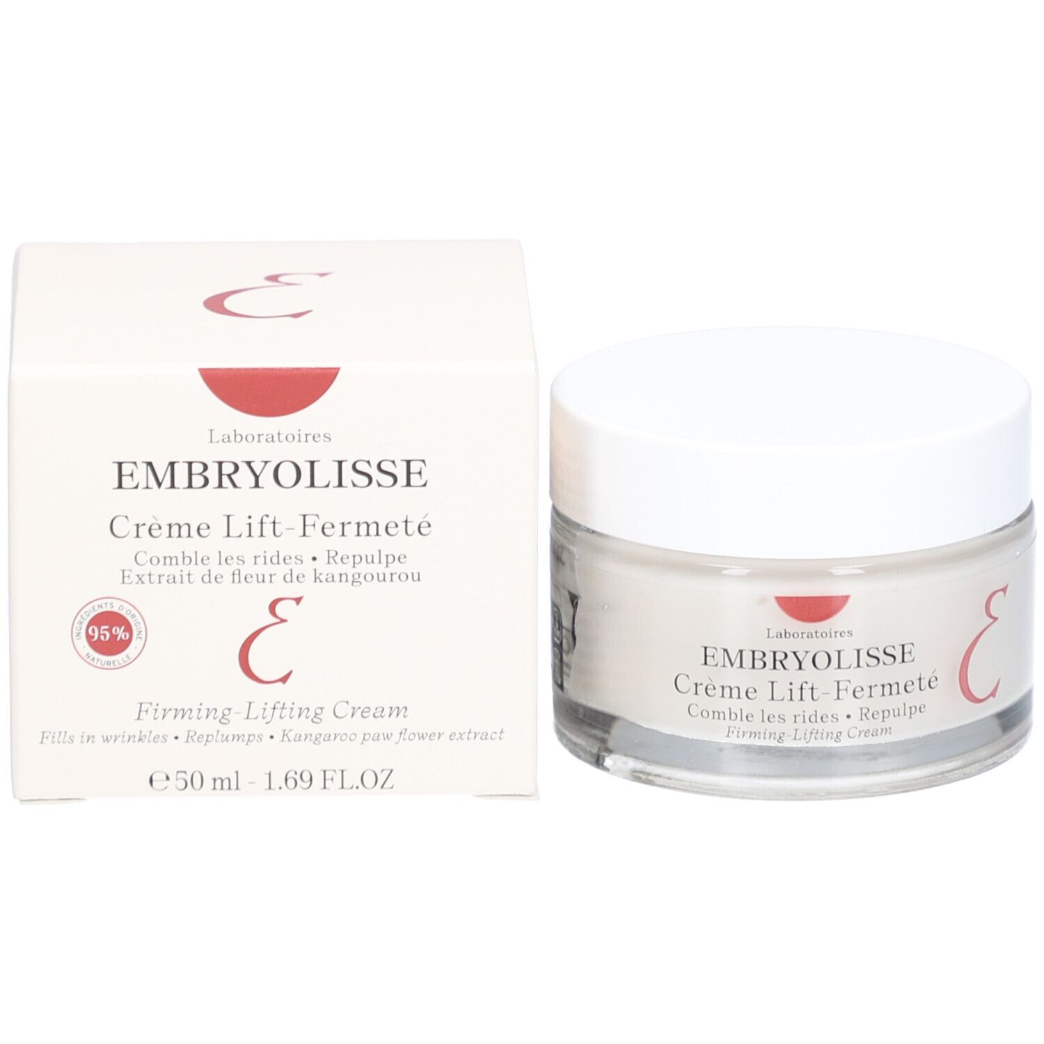 Pot de crème et boîte. Inscription: EMBRYOLISSE Crème Lift-Fermeté. 95% ingrédients naturels. 50 ml.