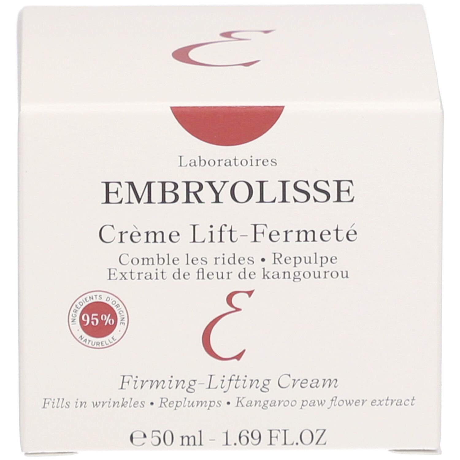 Boîte avec inscription: EMBRYOLISSE Crème Lift-Fermeté. 95% ingrédients naturels. 50 ml.