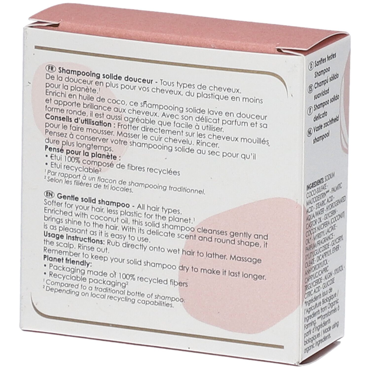 Rückseite der Shampoo-Verpackung. Text: "Shampooing solide douceur", "Tous types de cheveux". Inhaltsstoffe und Zertifizierungen.