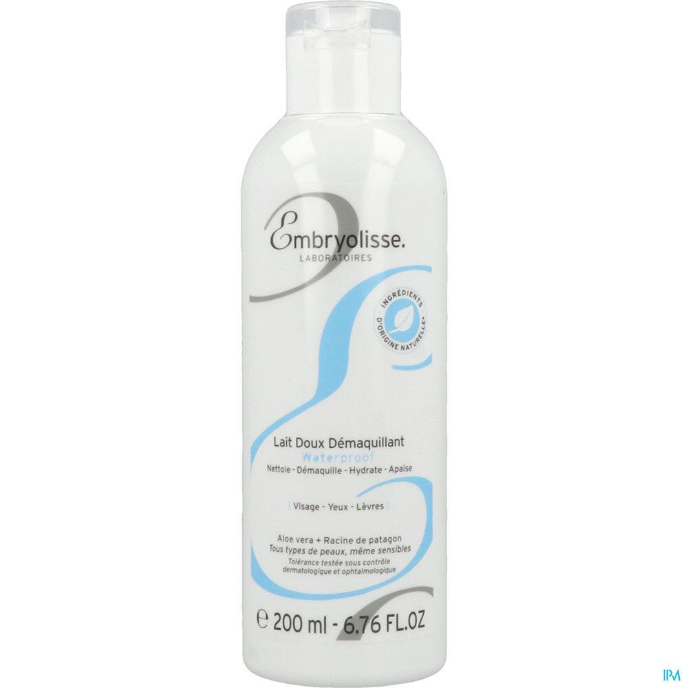Embryolisse Lait Doux Démaquillant Waterproof. Weiße Flasche mit blauem Etikett. Enthält 200 ml.