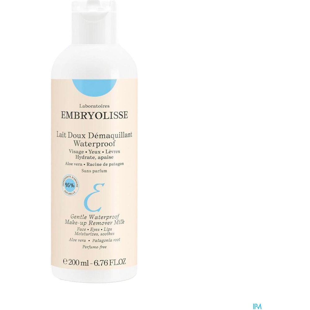 Embryolisse Lait Doux Démaquillant Waterproof. Weiße Flasche mit blauem Etikett. 200 ml.