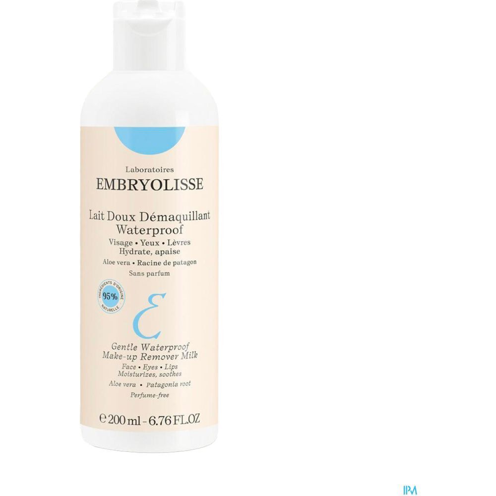 Embryolisse Lait Doux Démaquillant Waterproof. Weiße Flasche mit blauem Etikett. 200 ml.