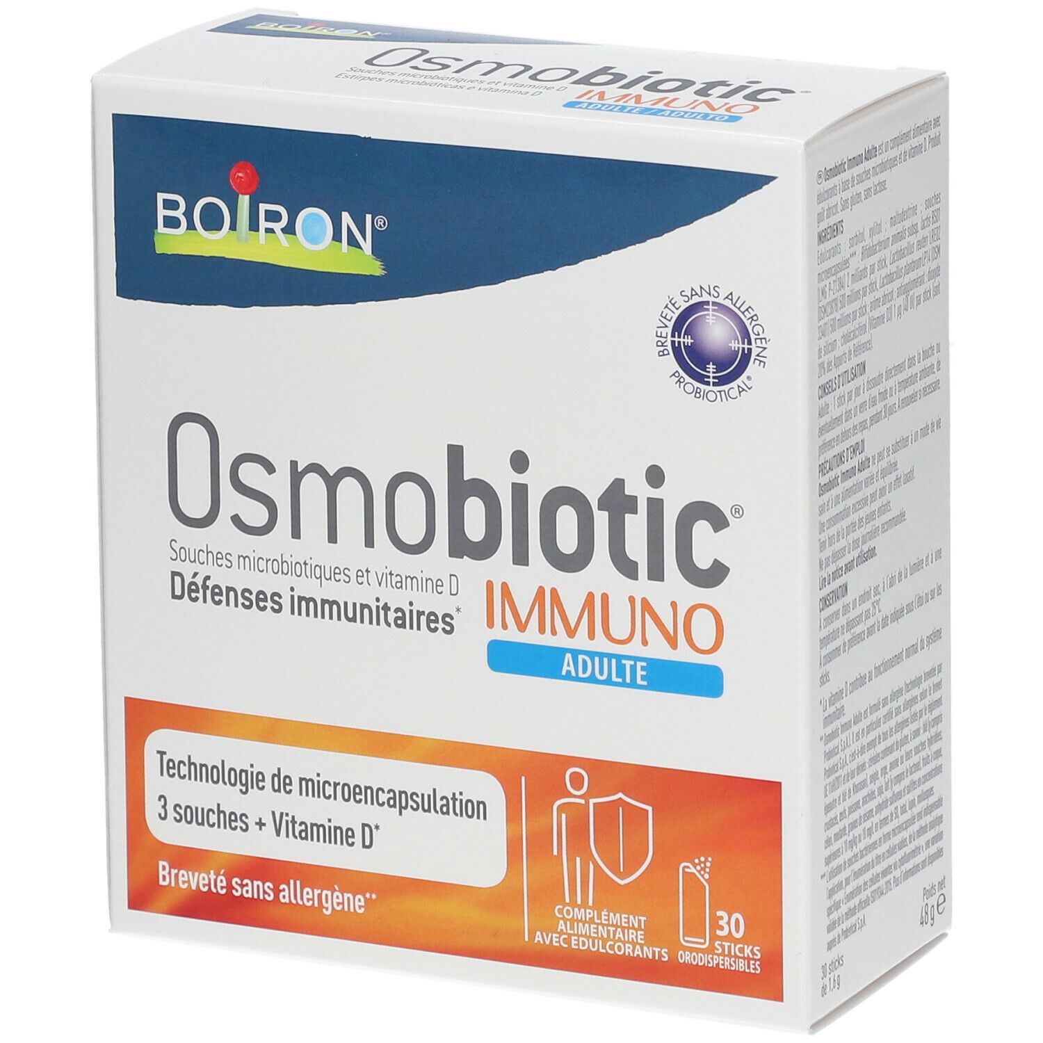Boîte blanche BOIRON® Osmobiotic® Immuno Adulte. Inscription: Immuno, Adulte, 30 sticks. Logo: Breveté sans allergène.