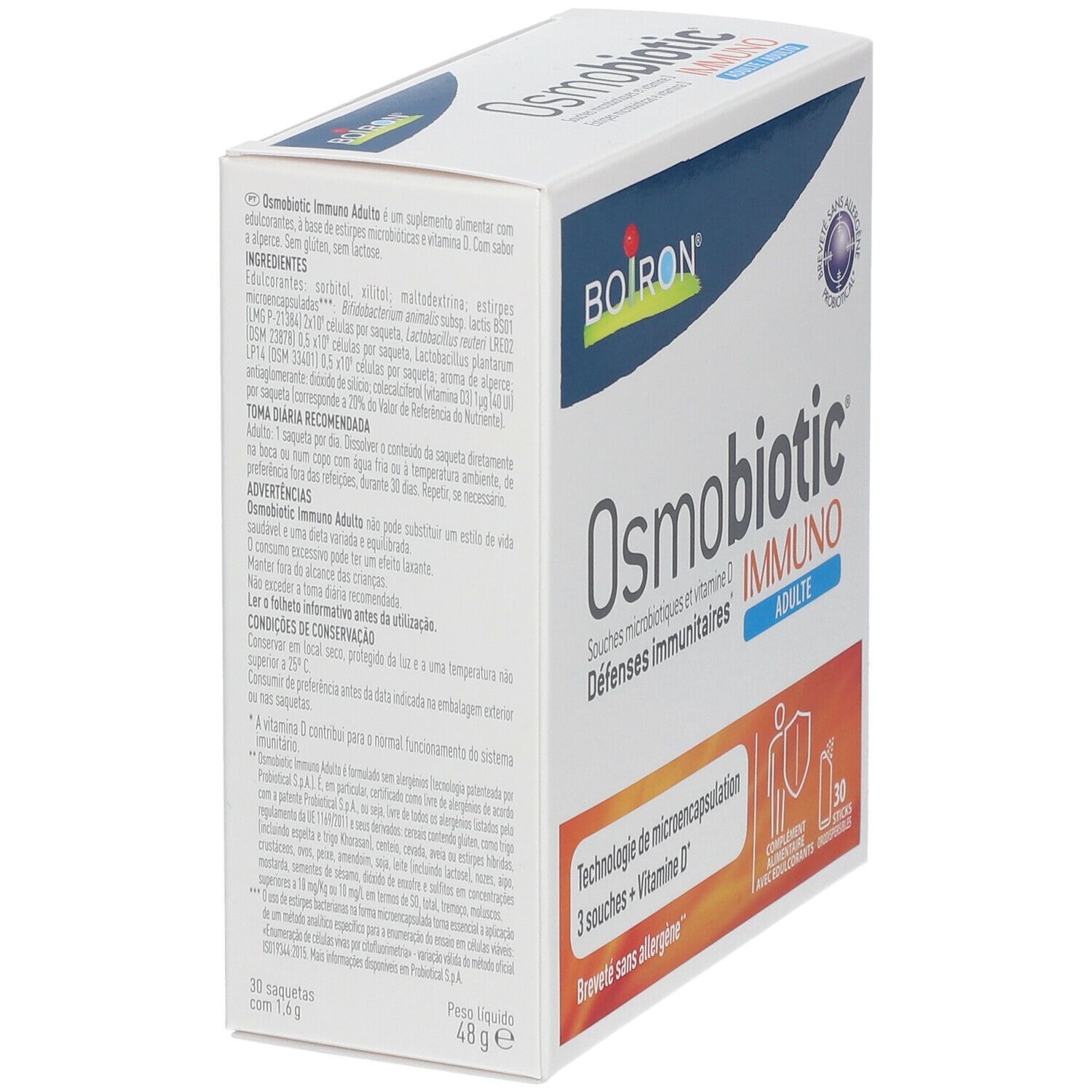 Vue oblique de la boîte blanche BOIRON® Osmobiotic® Immuno Adulte. Inscription: Immuno, Adulte, 30 sticks. Logo: Breveté sans allergène.