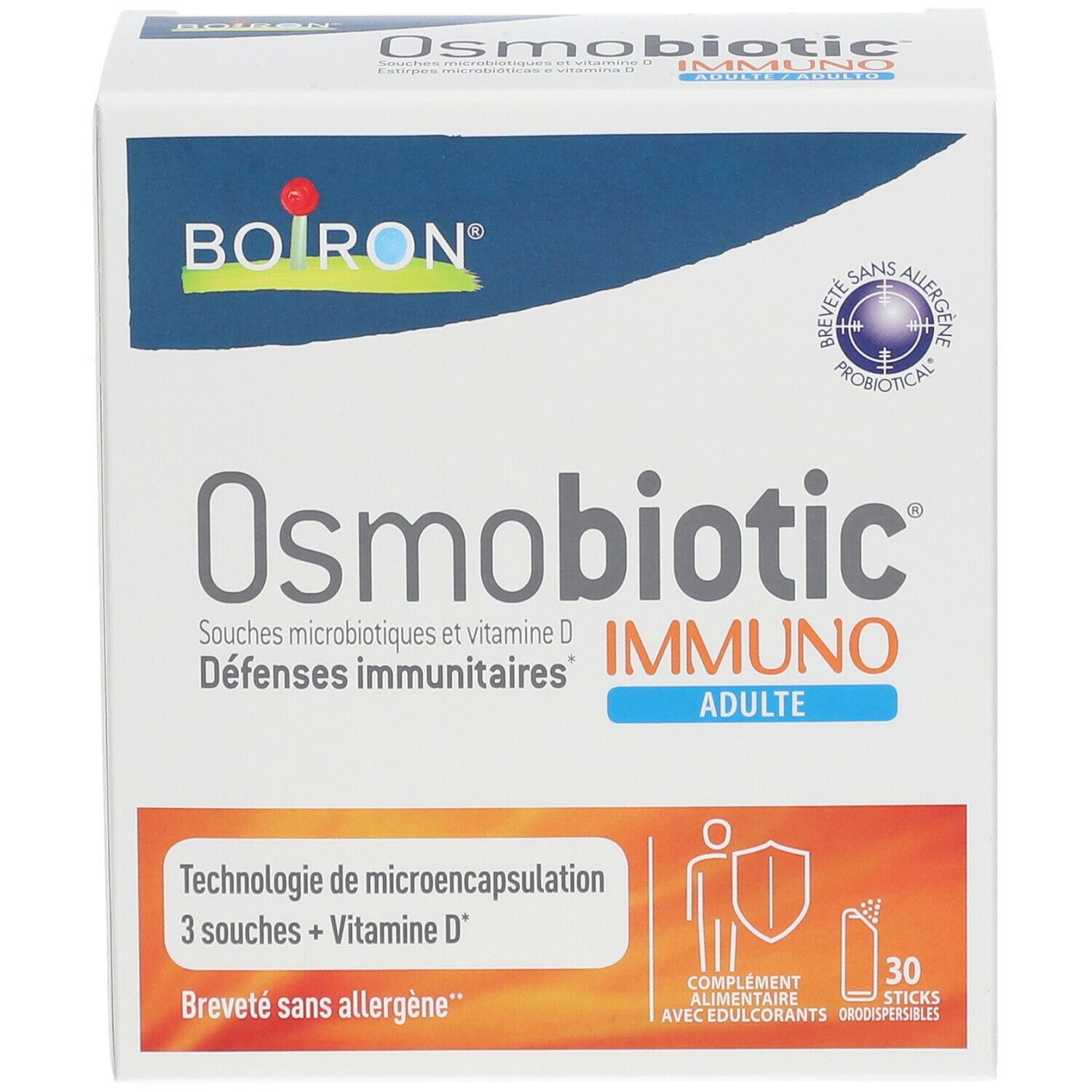 Boîte blanche BOIRON® Osmobiotic® Immuno Adulte. Inscription: Immuno, Adulte, 30 sticks. Logo: Breveté sans allergène.