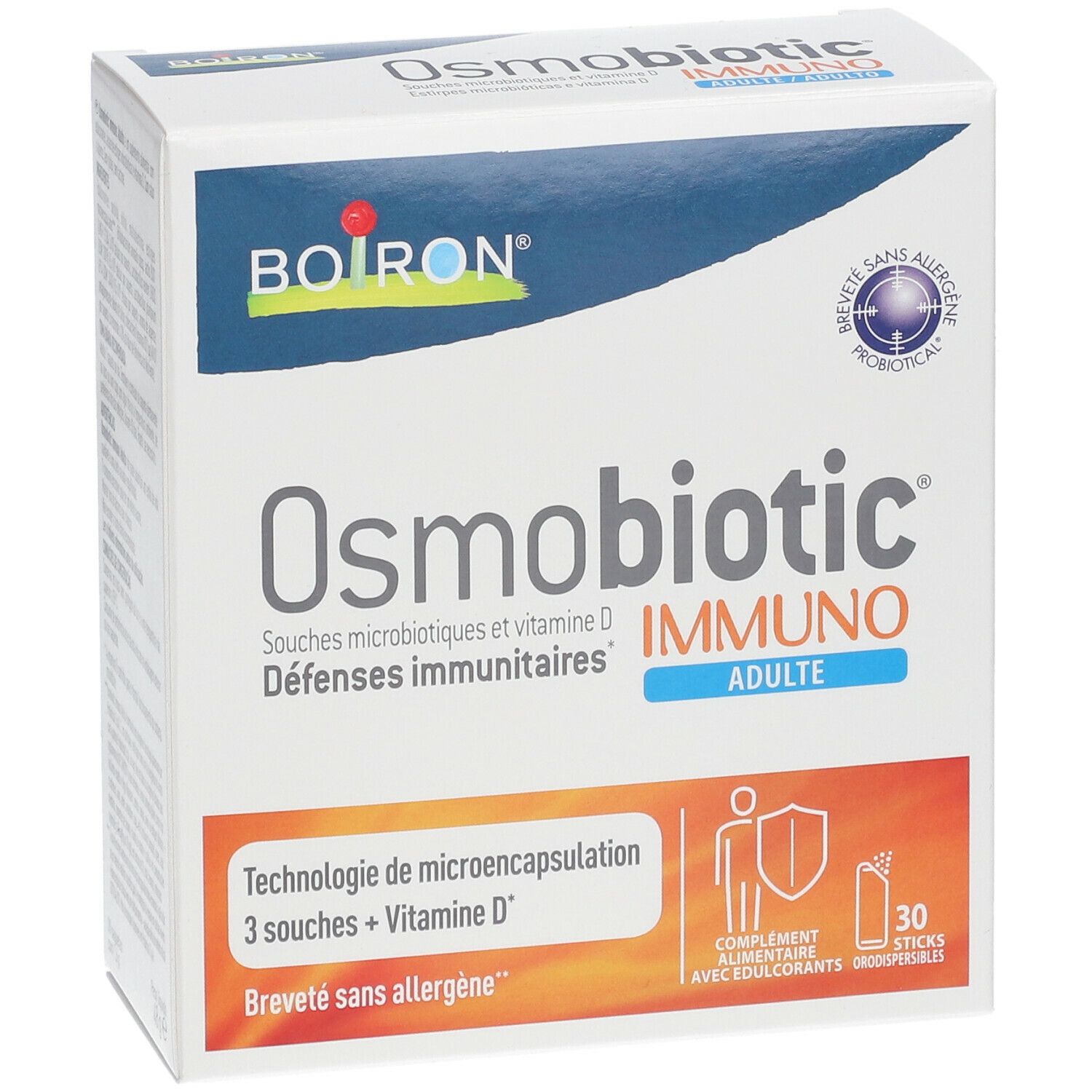 Boîte blanche BOIRON® Osmobiotic® Immuno Adulte. Inscription: Immuno, Adulte, 30 sticks. Logo: Breveté sans allergène.