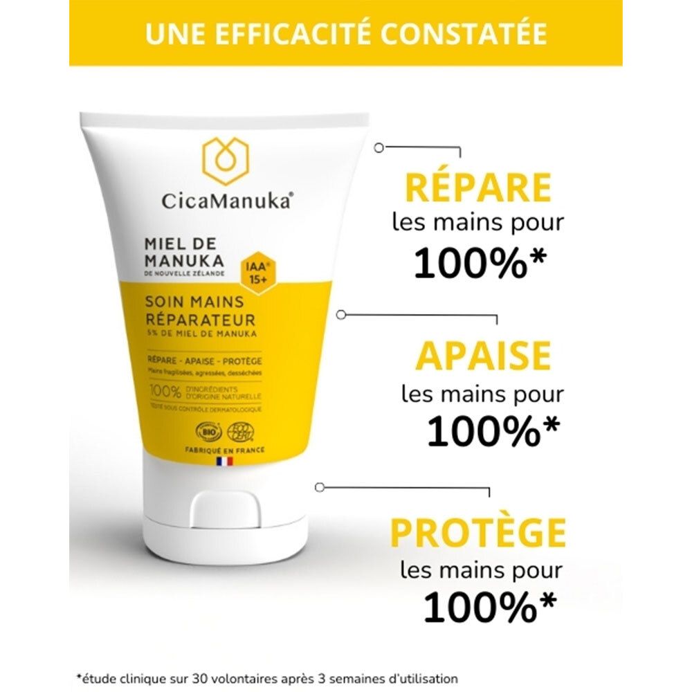 Produkt-Tube neben Text. Text: Repariert, beruhigt, schützt die Hände. 100% Ergebnisse. CicaManuka, Miel de Manuka, Soin mains réparateur.