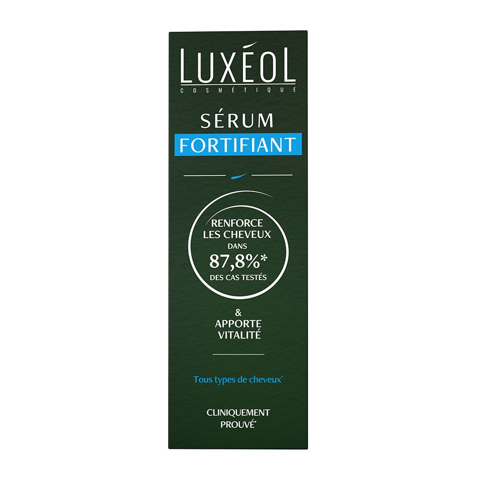 Grüne Schachtel. LUXÉOL Sérum Fortifiant. Text: Renforce les cheveux, 87,8% des cas testés. Cliniquement prouvé.
