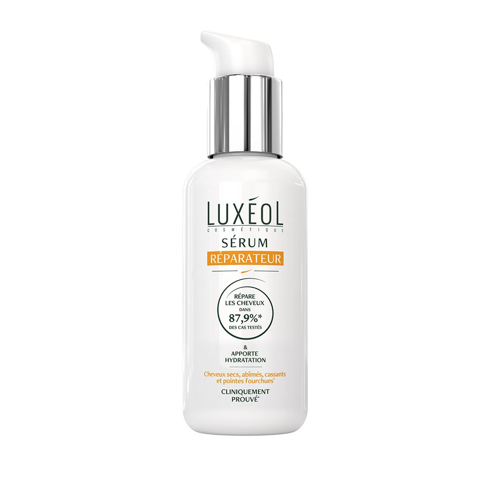 Weiße Flasche mit Pumpspender für LUXÉOL Reparierendes Serum, 75 ml.