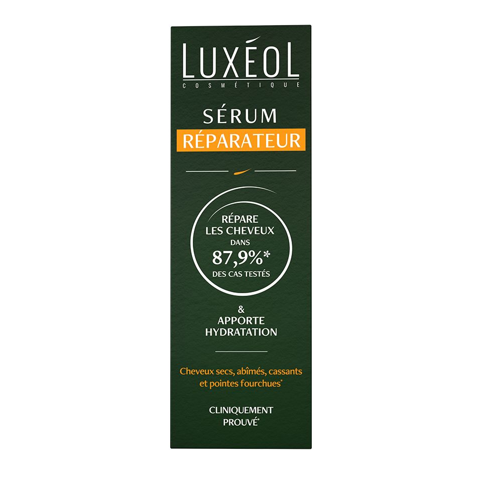 Verpackung von LUXÉOL Reparierendes Serum mit Details zur Wirksamkeit.
