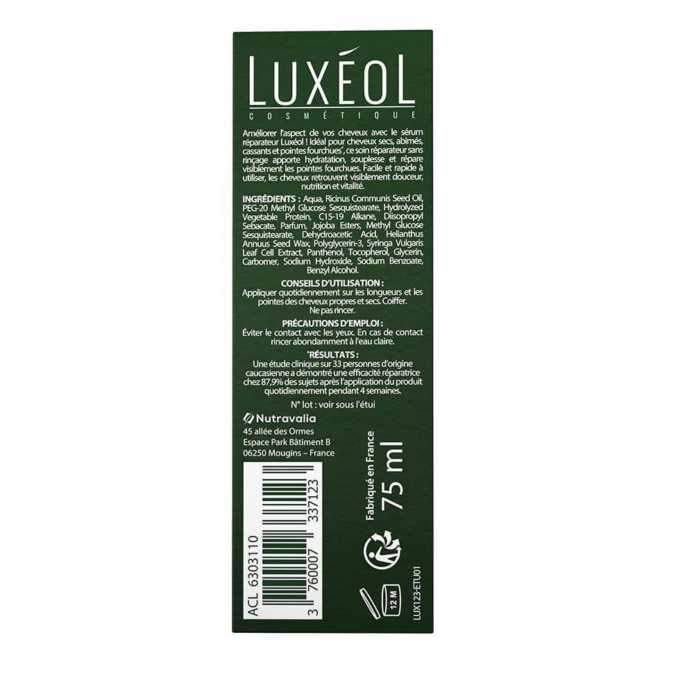 Rückseite der LUXÉOL Reparierendes Serum Verpackung mit Inhaltsstoffen und Volumen (75 ml).