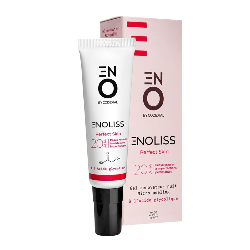 Tube blanc avec bouchon noir. Inscription : ENOLISS Perfect Skin 20 AHA. Avec emballage.