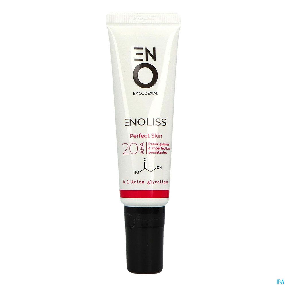 Tube blanc avec bouchon noir. Inscription : ENOLISS Perfect Skin 20 AHA.