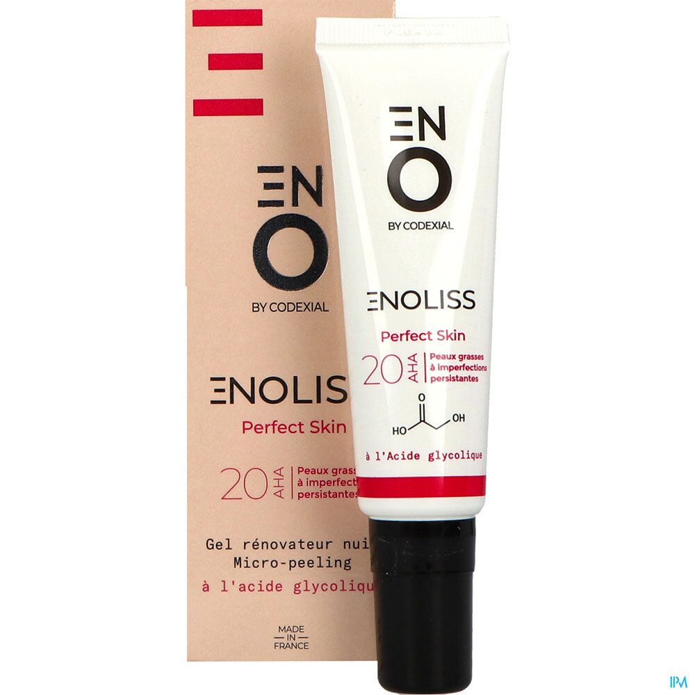 Tube blanc avec bouchon noir et emballage. Inscription : ENOLISS Perfect Skin 20 AHA.