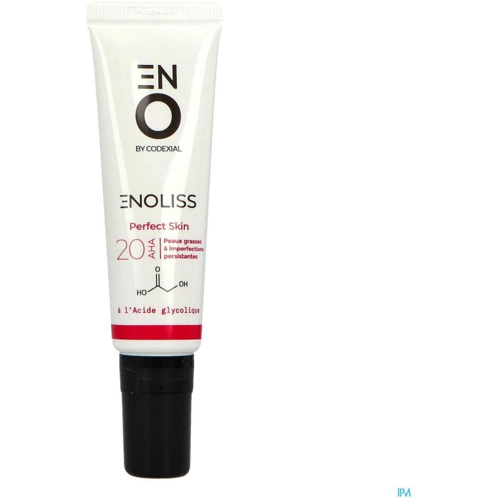 Tube blanc avec bouchon noir. Inscription : ENOLISS Perfect Skin 20 AHA.