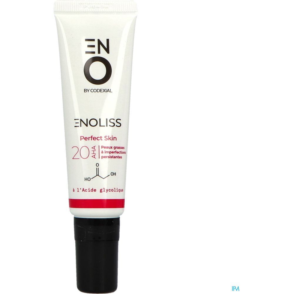 Tube blanc avec bouchon noir. Inscription : ENOLISS Perfect Skin 20 AHA.