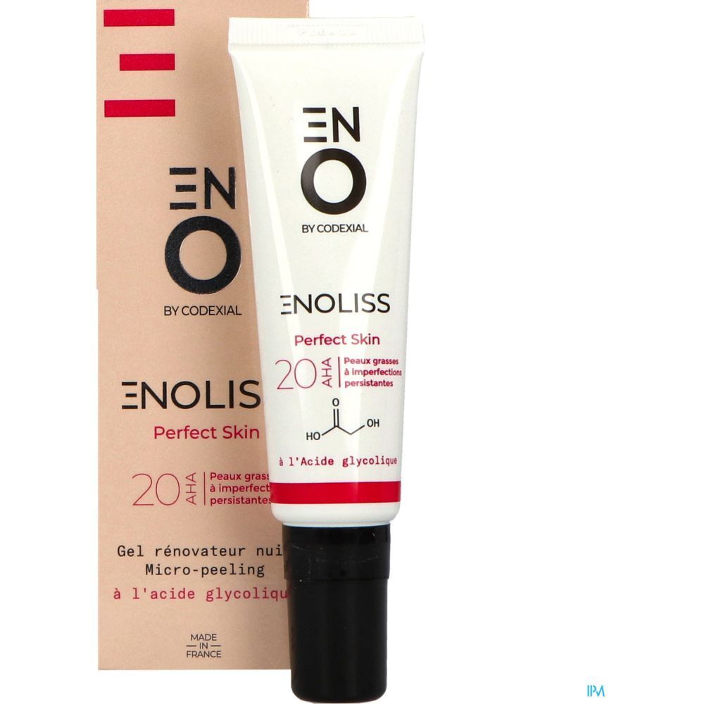 Tube blanc avec bouchon noir et emballage. Inscription : ENOLISS Perfect Skin 20 AHA.