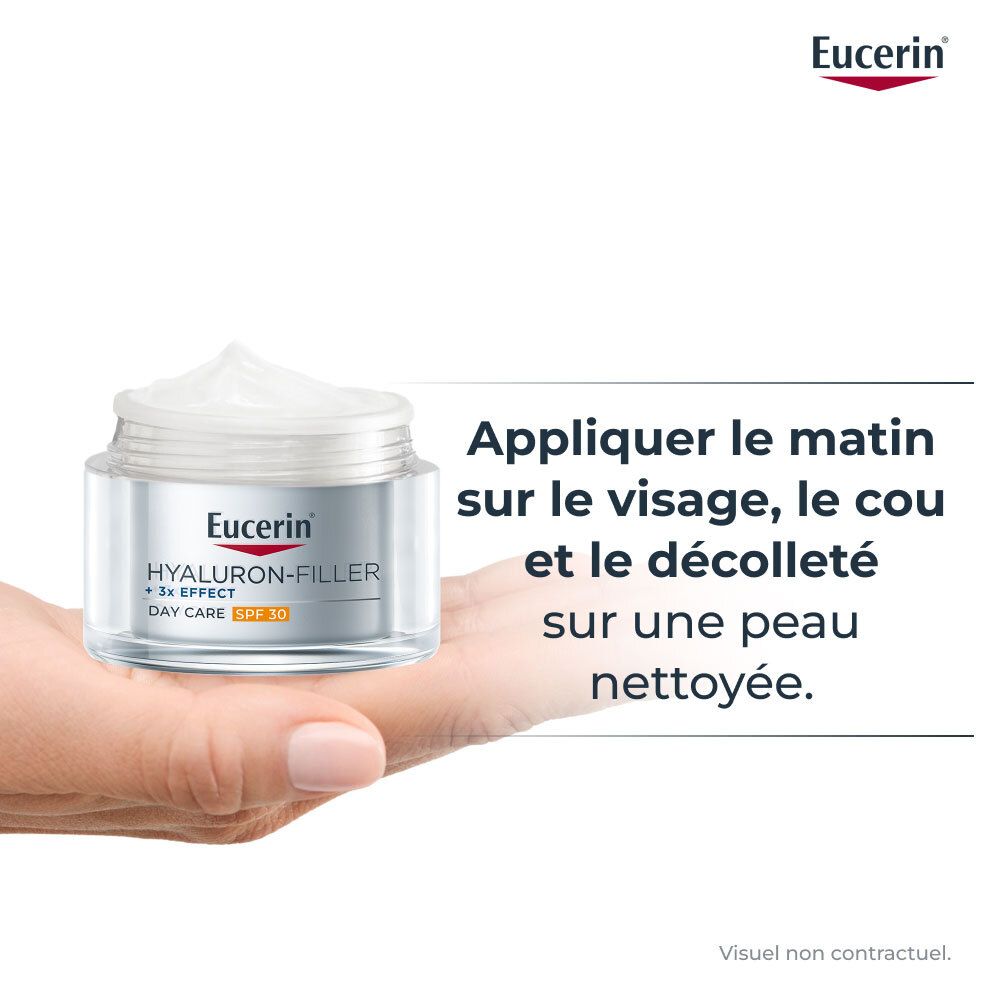 Main tenant un pot. Texte: Appliquer le matin sur le visage, le cou et le décolleté sur une peau nettoyée. Logo Eucerin.